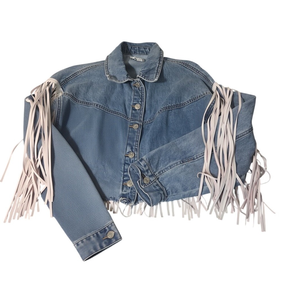 Forever 21 Denim Jacket Girls Small Blue Fringe Cropped Raw Hem Western